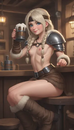 Viking, adult woman, tavern, drinking beer, How to Train Your Dragon, Astrid Hofferson, white hair, long hair, braided hair, Blue eyes, headband, armor, steel shoulder pads, large fur boots, and a spiked skirt, small breast, huge ass, smile, naked boobs
