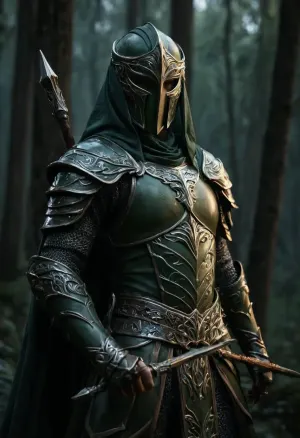 Uber realistic, 8k, ultra detailed, masterpiece, mature elf warrior, detailed army green elven armor, holding spear in right hand, forest, full_helmet, closed_helmet, visor, (face covered:1.5), night, detailed eyes, detailed armor, detailed body, detailed skin, hkstyle, <lora:dark:.8>, <lora:hkstyleV5:.8>