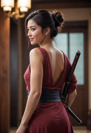 a woman standing confidently in a slight over-the-shoulder pose. Her back is partially turned to the camera, with her face looking back and smiling. She is wearing a katana