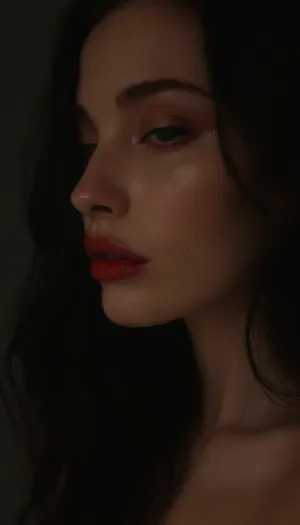 ziprealism, (intimate sensual esthetic), (seductive girlfriend, sensual expression, sensual eye contact), (f/2.8, shallow depth of field:1.2), (loose closeup, low angle view, shot in profile, view from side, lips focus:1.4), (subtle bokeh:.4), (inky black hair, very long hair, straightened hair, hair obscuring face:1.2), (full lips, soft pillowed lips, moist lips, vibrant lipstick color, color shock, natural skin texture:1.6), (cozy bedroom), (large natural breasts, teardrop breasts, pale skin, soft breasts:1.6), (slender body, slim waist, wide hips:1.4), igbaddie, (dark, chiaroscuro:1.8), <lora:style_lora_realis:.4>, <lora:igbaddie-XL:.4>, <lora:zavy-cntrst-sdxl:1.4>