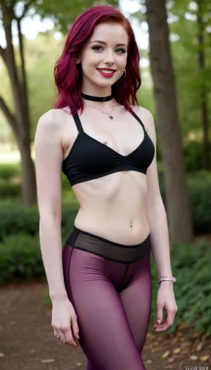 18 year old, full body, short top, long dark red hair, pale skin, medium breasts, belly button piercing, beautiful smile, high quality, detailed skin, skinny body, highest quality, leggins, black chocker, hot pink lipstick, large hoop earrings, H0t, G0th1c, 1girl, ebony, lipstick, female, piercing, dress, outdoors, <lora:Hot_Gothic:.8>