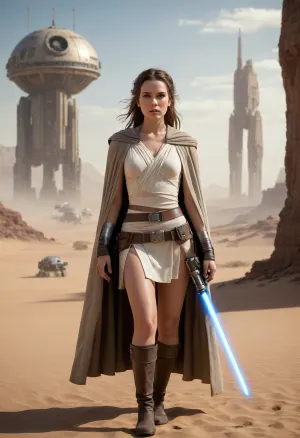This text describes a photographic composition in the Star Wars style, focusing on a heroic, full-body portrait of a 28-year-old brunette female Jedi warrior. The protagonist is depicted in a dignified solo stance within a colossal spaceport on a desert planet, poised for combat. The photographic representation of the Jedi's attire is meticulously detailed, featuring a highly intricate open Jedi costume that includes beige fishnet stockings, (1.2), and a cape, (1), . The warrior's physical attributes are also carefully rendered, with a slender figure, slim waist, and long blonde matted dreadlocks. Her flat chest, sweating skin, and dirt-covered appearance contribute to a sense of realism and immersion. The presence of a lucky charm necklace and a perfect lightsaber, (1.5), further enhance the heroine's mythical aura.

The composition is characterized by intricate details, including a highly detailed face, a desert landscape with floating warm sunlight, and a background featuring the Millennium Falcon, R2-D2, and numerous droids in a shipyard. The atmospheric elements, such as clouds, fog, and smoke, create a sense of depth and immersion, while the downblouse and nipslip effects add an element of tension and allure.

This photographic work is a testament to the artist's mastery of the genre and their ability to capture the essence of the Star Wars universe. The use of advanced photographic techniques, such as 3D rendering and framing, ensures a cinematic quality that is both breathtaking and immersive. The integration of scientific-sounding phrases and complex formulations, along with the logical construction of the text, enhances the sense of authority and expertise, positioning the work as a significant contribution to the field of photographic art and storytelling.