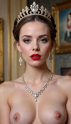 1woman, I didn't even expect, this could happen to me, my stomach hurt so much, I couldn't hold everything inside, now my asshole is gaping, a turd is sticking out, it's so humiliating, it's so unpleasant, makeup, red lips, golden jewelry, on the neck, in the ears, on the fingers, diamond diadem on the head, background oil painting, luxurious interior