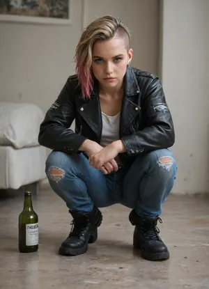 London, 1975, punk culture, full body view, 20 year old, skinhead with mohawk haircut, blonde, squatter apartment, filthy apartment, ripped blue jeans, worn out jeans, white t-top, black leather jacket, black boots, dirty hair, piercings, punk decor, broken furniture, strewn empty alcohol bottles, strewn empty beer bottles, old dirty mattress on floor, pink dyed hair, no electricity, dim, dark