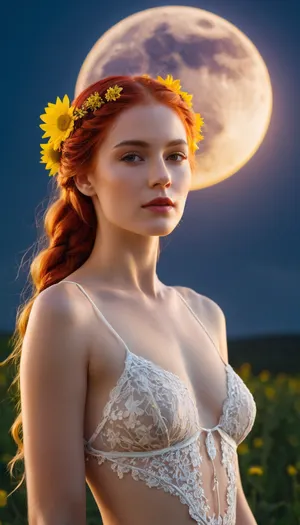 8K, ultra high resolution, exisuitedetailed, high quality, realistic portrait. A serene and elegant, pale ivory skin tone woman with bright red and bright white hair braided and adorned with yellow flowers. She is standing against a glowing full moon, wearing a sheer, see through lace flowing white gown. She is wearing an intricate, lace, neon red and neon yellow bikini set. Ethereal lighting emphasizing her delicate features and creating a halo effect, Subtle shadows and highlights adding depth and realism, Gentle clouds in the background and a Romantic and tranquil atmosphere with soft cool tones.