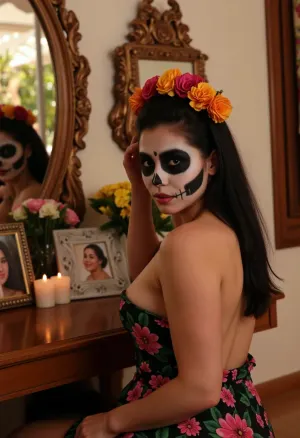 Photorealism, photorealistic, realistic, {prompt}, lifelike, highly detailed, ultra-realistic, cinematic lighting, 8K, preparing for the Day of the Dead celebrations in Mexico, (a beautiful woman with Mexican features creates festive makeup in the form of a skeleton mask on her face:1.4), (close-up), sitting in front of a large carved mirror reflecting a home holiday altar with candles, photographs, skulls, (flowers:1.6), turns and looks at the viewer, (face painted like a mask in the traditional style for the Day of the Dead holiday:1.6), (black hair styled in a wreath of flowers:1.1), (in a festive Mexican dress:1.2), (clear details of what is happening), the reflection of candles in the mirror, clear lighting of the room and the girl, golden hour.