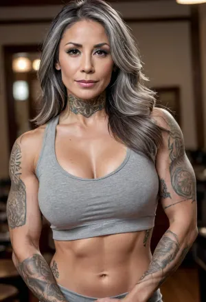 woman, Asian American 40 year old Female, stunningly beautiful supermodel, very tall, long legs, ((long voluminous layered greying hair spilling across face and shoulders)), long hair, layered hair style, muscular, toned body, ripped body, huge perfect breasts, full body pose, sexy face, perky nipples, sleeveless turtleneck linen dress, muscular biceps, broad shoulders, perfect straight nose, (((fully tattooed arms))), <lora:uberfit_lora_sdxl:.5>, <lora:PerfectEyesXL:.5>, <lora:AtomictitsXL:.5>
