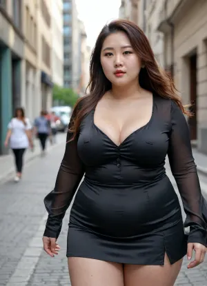 oung fat Korean woman in her twenties with large upper body. Black silk shirt with three buttons undone, miniskirt with deep side slit. Long wavy hair. Walking down a street in the city centre. Side view. Stylish. Sharp professional photo, 4K resolution., plump, skindentation, chubby, bbw, venus, body, big, breasts, ass, <lora:Chubby BBW - XL:2>