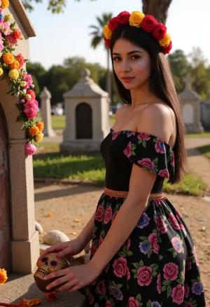 Photorealism, photorealistic, realistic, {prompt}, lifelike, highly detailed, ultra-realistic, cinematic lighting, 8K, preparing for the Day of the Dead celebration in Mexico, (a beautiful woman with Mexican features creates a festive altar in a cemetery), close-up, turns and looks at the viewer, (face painted traditionally for the Day of the Dead holiday:1.2), (black hair styled into a wreath of flowers:1.1), (in a festive Mexican dress:1.1), (holding a sugar skull in her hands near the altar:1.4), (colorfully decorated altar in the cemetery:1.4), clear detailing of what is happening, clear lighting, golden hour.