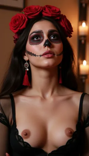 Katarina Sakkara, woman, (beautiful folded face:1.2), detailed facial features, (realistic eyes:1.1), (perfect eyes:1.1), (Katarina Sakkara makeup:1.4), sugar skull, elegant face makeup, (black hair:1.1), (roses on head:1.2), flower crown, red roses, (dark hair), disheveled hair, disheveled hairstyle, (voluminous hair), upward gaze, (black lace dress:1.2), cleavage, (black lace details:1.1), (earrings), jewelry, Death holiday background, (candles), (glowing candles), festive background, bright colors, deep colors, (candlelight), romantic lighting, (soft light), (detailed shadows), (expressive color scheme), (complex:1.1), (high detail), photorealistic, (masterpiece), (super detailed), (8k), (HDR:1.1), portrait photography, beautiful depth of field, (studio lighting), (perfect composition)