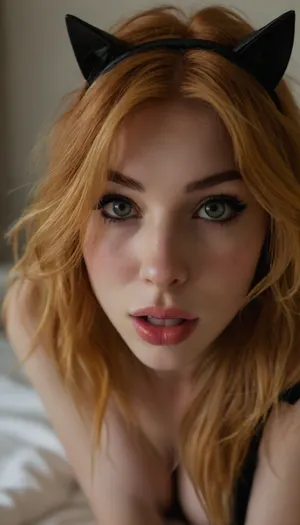 ziprealism, (sensual candid esthetic, stunning cat girl woman, catgirl, soft mischievous smirk, playful eyes:1.8), (f/2.8, shallow depth of field), (closeup shot, lips focus:1.2), (cat ears headband, short ginger-orange hair with blonde highlights, French Bob haircut, long wispy bangs with fringe:1.4), (feline facial features, subtle freckles, short upturned nose, tall filtrum, large expressive eyes, dimples), (loosely falling hair, loose hair obscuring face, loose hair hiding eye:1.8), (full pouting lips, cupids bow, soft pillowed lips, moist glossy lips, natural skin texture, flawless pale skin:1.4), idarkgbaddie, (cozy bed:1.6), <lora:style_lora_realis:.4>, <lora:igbaddie-XL:.4>