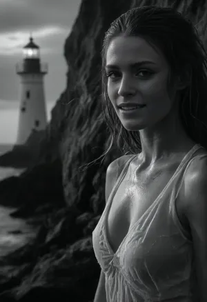 monochrome artwork, portrait of Betty, Betty is a slim, sexy 20 years old woman, nude Betty lies seductively on a rock in turbulent water near the beach and looking melancholically at the viewer. focused face, perfect face, cheerful smile, perfect teeth, shy, beautiful, Her long hair is blowing in the stormy wind. Betty's skin is wet from the rain, (hard long detailed nipples:1), backlighted from a lighthouse whose beacon breaks through the rain and fog as a bright beam and partially illuminates the night, (conical beam from the lighthouse:1.6), (magical lighthouse of elven design:1.4), It is raining extremely heavily, it is a stormy night. High waves are rising, large waves are breaking on the shore, white spray is spraying, the wind is tugging at plants and hair, high res, maximum quality, FRESHIDEAS, Real, Photography, 2#, DonMN1gh7XL, hvrn, heavy, rain, <lora:FRESHIDEAS Real Photography 2#:.8>, <lora:dark:.1>, <lora:RsmJemma1XL:.8>, <lora:DonMN1gh7rXL-000006:.8>, <lora:607315_training_data:.8>