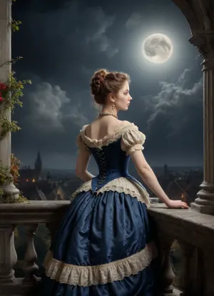 18th century, woman, 40 years old, wearing an elegant velvet dress with rich embroidery and lace, The fabric is light and pastel, and the dress has a narrow waist, a corset, an elongated skirt, a voluminous silhouette, short sleeves with lace frills, delicate lace collar, standing on the balcony, rear view, dark night, just moonlight, (Peter, Paul, Rubens, Style:1.5), (John, Constable, Style, page:1.4), (BJ_Full_Moon:1.5), <lora:Peter Paul Rubens Style:.8>, <lora:Full_Moon(7560):.8>