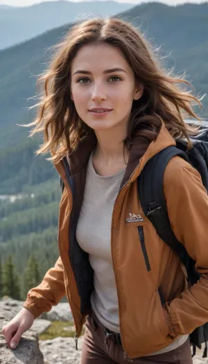 woman, ((wild untied hair with sidelocks), , , dressed cute tall tall brown hiking clothes, ((hiking pants)), , , ((hiking jacket)), , , gymnastic body, medium bobs, lots of freckles face and skin, very hard blush on the checks and nose, raised nasal tip, cute tall tall smile, hypnotized loving eyes, sunbeams, sunrise, hard shadows, ((blushing)), , , (long hair), , , (brown hair), , , (brown eyes), , , (mountain climber), , :1.2), masterpiece, 4k, best quality, anime art, (anime art:.1)