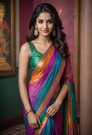 An elegantly dressed young woman of South Asian descent, possibly in her late 20s, gazes directly at the viewer with a gentle smile, her expression radiating warmth and poise. She wears a vibrant, intricately patterned sari, a dazzling array of horizontal stripes in a spectrum of colors, including pink, orange, yellow, green, blue, and purple. The sari features ornate sequined borders, and the design incorporates delicate floral and butterfly motifs throughout. Underneath the sari, she sports a vibrant pink, sleeveless top. Her dark brown hair is styled in loose waves, framing her face, adorned with small, sparkling earrings. The background consists of a textured, dark green surface, providing a contrasting backdrop. The lighting is soft and even, illuminating the woman and enhancing the brilliance of her attire. The image captures a moment of serene elegance and modern style. Photography, fashion, and portraiture are the key styles.