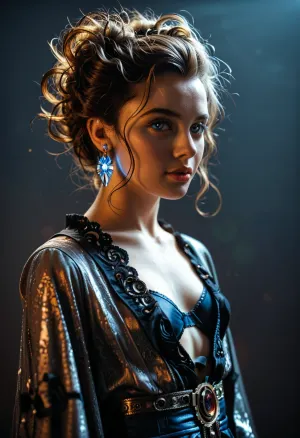 A high-quality studio photograph with a dark background and expert lighting creates a perfectly balanced frame. The deep contrast of the dark backdrop ensures the subject stands out, capturing the viewer's immediate attention.

Professional lighting techniques are employed, utilizing multiple light sources to achieve a uniform and soft illumination. This minimizes shadows, enhancing the texture and intricate details of the subject. The color temperature and light intensity are meticulously selected to accentuate the object's beauty and expressiveness.




The image features a beautiful mid-aged woman . She has an oval face, thin lips and expressive eyes. Her eyes are light brown. Her skin is fair. Straight nose. A small vertical groove on the tip of the nose. Almost perfect figure, a little plump. Small natural breasts. Soft bteasts, low placed breasts. Short waist. Hairstyle, She has extremely long cuirl, messy hair, with the bangs, dark brown in color. Her hair is styled in a casual hairstyle, probably in waves or curlsShe is flying on the mechanical bird. The backdrop showcases a futuristic cityscape against the desolate landscape of Tatooine, adding an air of mythical grandeur.

Dressed in a luxurious robe adorned with exquisite patterns, the girl's attire harmonizes with the atmospheric setting. Her pose suggests a sense of strength and poise, while her movements embody the fluidity and rhythm of dance. She wears knee-length socks and boots that complement her robe, completing her ethereal appearance. Cyberpunk. Steampunk.

The high-resolution image is enhanced with advanced LORA techniques, including, for maximum clarity, for a rich, detailed aesthetic, to evoke a timeless, mythical feel, and, to ensure every element is meticulously rendered., .