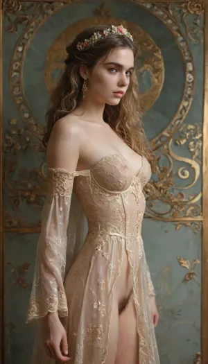 Rating_explicit, ultra realistic studio photo portrait of nude woman styled like a muse, medium breasts, hairy pussy, standing gracefully near a decorative wall, sheer translucent gown falling off her shulders, delicate jewelry and a floral crown, long flowing hair cascading down her back, elegant art nouveau backdrop with swirling golden patterns and floral motifs, soft diffused lighting, pastel color palette, ethereal mood, moody shadows, graceful pose, DSLR 8k realism, modern nude photography, (a wrought iron arch with flowing art nouveau patterns inspired by Alphonse Mucha on background:1.2), (dramatic golden light from the left side, dramatic rim light from the right side:1.4), pastel colors, floral abundance, cinematic atmosphere, professional editorial fashion photo, 8k realism, detailxl, klimt, gold, kl1m, <lora:add-detail-xl:.8>, <lora:detailed_notrigger:.8>, <lora:KlimtStyle:.8>, <lora:MJ52:.8>, <lora:kl1m:.8>