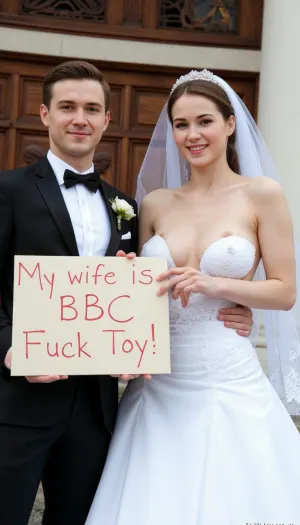 photo of a sexy iranian couple couple, persian super busty bride and groom, super sexy sheer ultra open deep v neck dress, and long lace wedding veil. on their wedding day in front of a church, smiling. Brown hair, The groom holds a handmade sign with text, "My wife is BBC Fuck Toy"., slender, body, big, breasts, skinny, <lora:skinny_bigBreasts:1.4>