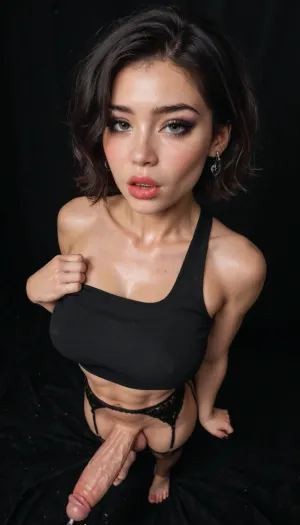 2 futanari with big dick and big balls, thicker dick, 30 cm long dick, 1 asian futanari suck dick dreamy facial expression, open up, goth futanari, ((slutty clothes)), expression horny, hourglass body, fit body, short perfect hair, rounded ass, sensual surrounding, perfect skin, extremely beautiful face, ultra high details, hdr, veins on big cock, big titts, highly detailed cock, barefoot standing view, black background, colored garter belt, above sideways view, toned body, vivid colors, orgasm, cum, Stable-Yogis-Makeup-Enhancer-XL, photo, phst, artstyle, <lora:SDXL1.0_Essenz-series-by-AI_Characters_Style_BetterPhotography-v1.2-'Skynet':2>, <lora:209970_training_data:1.9>, <lora:580159_training_data:1.9>