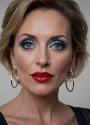 Mature slut, glamourous 55 years old, bouffant, long face, skinny face, (bulbous nose:1.2), thick lips, cherry lipstick, black eye liner, blue eye shadow, hoop earrings, white backdrop, dynamic, lighting, <lora:Dynamic_Lighting_by_Stable_Yogi_SDXL3_v1:.8>