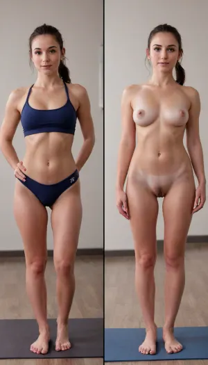 Modern yoga instructor, lockerroom, petite, style image, amateur USA model, natural face, amateur photo, dark hair hair, skinny, average, 28 years old, (natural small boobs), natural small boobs, (full body in view), ponytail hairdo, (same person, same pose, same angle), (((befor after cumshot facial))), ., (2Split screens, 2split views, onoff:1.2), (yoga outfit), (lockerroom), BREAK, <lora:OnoffXL_ExtraCrispy:.9>