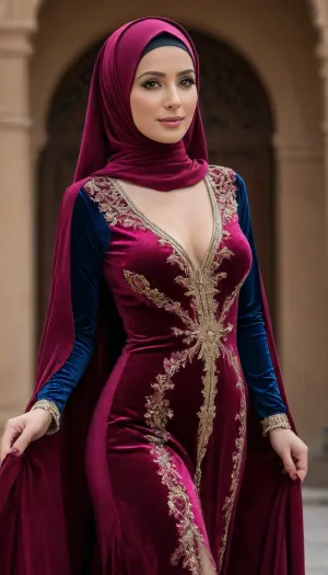 35-year-old beautiful Muslim woman in a tight-fitting colourful velvet abaya, the clothed velvet abaya is slightly see-through, in a colourful hijab, sexy body, perfect breasts, fitness figure, woman, in, abaya, 4K HD visual, Realistic, r, mar00nv3lv3t, long, sleeves, dress, standing, full, body, maroon, velvet, see-through