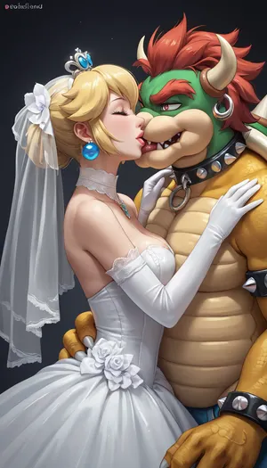 Bowser kissing Peach in wedding outfit, <lora:Bowser_V5:2>