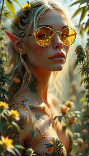 full body view, A double-exposure illustration in which a nude elven gardener is overlaid with cannabis, tattooed, wears silver metal sunglasses with extremely small circular yellow lenses, looking at the viewer, (detailed reflection in the lenses of flowering cannabis plants:1), silent smile, lingerie, view from back, she harvests perfect cannabis buds the background is blurred, the entire image is designed using technical parameters to create a warm, romantic atmosphere. Ganja, flowers, cannabis, marijuana, leaves, plants, resin, glands, nugs, edgFae, flower, fairy, style, wearing, sunlight_str1, vibrant, dream, pale, reality, elven, architecture, cloudy, smoke, atmospheric, clouds, fog, intricate detail, highly detailed, breathtaking, panoramic, cinematic, but, (3D, Framed, Woman), Cat, Skull, Flowers, Bird, Macabre, <lora:MJ52:1.5>, <lora:BUT_SDXL_SHS:1.5>, <lora:style_lora_realis:1.6>, psychedelicai, <lora:psychedelicai-SDXL:.8>, <lora:Elven_Style_V1:.8>