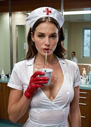 Create a detailed, photorealistic image of a beautiful, fit, and gorgeous Czech woman wearing a very tight, figure-hugging white nurse's dress with a very low neckline and sleeves that reach down to her upper arm. The dress gently hugs her figure and is embellished with red cross accents on the shoulder. The fabric of the dress appears soft and smooth and shimmers slightly in the light. The nurse's cap sits perfectly on her head. She is in a modern, upscale sperm bank with large glass windows.

She is standing in the foreground of the image in a sexy pose, her ass stretched back. In her hand, she is holding a small, transparent cup with a lid, quarter-filled with white liquid. She proudly shows the cup to the camera., ((She has a lot of white liquid sperm around her mouth and on her face, which is dripping lightly from her chin.)), She has long, dark, wavy hair, loose waves, and her face is framed with a natural, elegant look. Her makeup is subtle, very light, in soft, warm tones that enhance her natural beauty. Her facial expression is sexually aroused and confident, with a gentle gaze directed at the viewer.

The room lighting, with the sunlight from outside, creates a dramatic play of light and shadow, softly highlighting her face and figure and adding depth to the space.

The room exudes luxury and elegance, with high-quality materials, modern furnishings, and minimalist decor. The entire scene is intended to appear calm and refined, balancing the warmth of the subject with the cool, elegant luxury of the surroundings., woman, CUM, DONATION, ASSISTANCE, on, face, <lora:JustCum:1.2>, <lora:CUM DONATION ASSISTANCE:.8>, <lora:Men'sFacialV3.8:1.1>, facialized, superfacialized, <lora:facialized:.8>