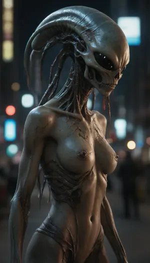 A 3/4 body photo alien hybrid of xenomorph and alien, olive skin, big alien black eyes, in psychedelic art, Jean-Baptiste Monge + Jessica Rossier + Brian Froud, Award-Winning Render, Unreal Engine 3D, Symbolism, Colorful, Polished, Complex, UHD, D3D, 16K", (((by Carne Griffiths))), ((modern night cyberpunk city on the background:1.2)), insane details, intricate details, hyperdetailed, low contrast, soft cinematic night light, exposure blend, hdr, front, female, xenomorph, tail, xenowaifu