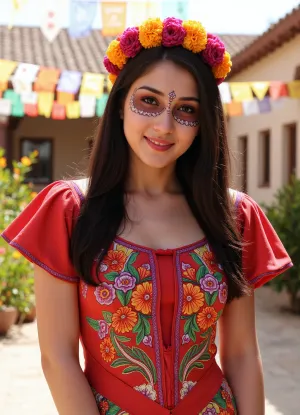 { "prompt", "A beautiful young woman stands in a sunlit courtyard adorned for Día de los Muertos, dressed in a magnificent traditional dress intricately embroidered with floral and folkloric patterns in vibrant reds, purples, and golds, her face is painted with elegant calavera makeup—delicate black lines, floral accents around her eyes, and shimmering highlights—while her dark hair is crowned with a lush wreath of bright marigolds, dahlias, and chrysanthemums, around her, the air is filled with the scent of copal incense and fresh cempasúchil blooms, and papel picado banners flutter gently overhead, casting dappled shadows that dance across her enigmatic smile and expressive eyes, embodying the joyful, reverent spirit of the celebration.", "camera", "full-frame mirrorless", "lens", "85mm portrait prime, f/1.8", "photographic_settings", "1/200s, ISO 200, handheld with natural light", "optical_character", "creamy bokeh on background decorations, sharp facial detail, natural skin texture with makeup precision, subtle lens flare from sun", "color_and_lighting", "vibrant saturated palette dominated by marigold orange, deep reds, and emerald greens, warm golden-hour lighting with soft fill", "motion", "static medium close-up with slight ambient movement from fluttering banners and hair strands", "subject_action", "a woman in traditional Día de los Muertos attire poses with calavera makeup and floral crown", "environment_light", "Mexican courtyard at late afternoon, clear sky, abundant marigolds, papel picado, and altar elements in background", "audio", { "dialogue", [], "ambience", "distant festive music, soft breeze through paper banners", "sfx", "gentle rustle of fabric and flowers, faint incense crackle", "music", "traditional Mexican folk melody with guitar and violin" }, "genre_tag", "", "notes", "celebrate cultural authenticity, avoid stereotypes, ensure respectful representation of Día de los Muertos symbols"
}
