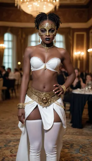(Depp dark ebony african young woman), to a masked ball in a large ballroom, white mini skirt sexy high boots, (topless), (no bra), a white eye mask with gold decoration, medium tits