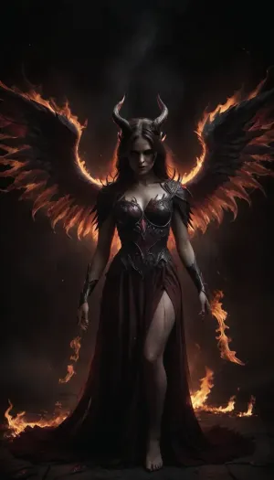 A hideous guardian angel, a female character, brunette hair, fiery infernal horns, infernal large wings, red streams of tears, flames all around, dark fantasy, full portrait 3/4, letitbrn, DonMG3157P4nz3rXL, <lora:dark:.5>, <lora:- SDXL - letitbrn_let_it_burn_V1.0:.7>, <lora:[XL]Demon_Legion:.7>, <lora:DonMG3157P4nz3rXL:.7>, <lora:SDXLHighDetail_v6-000005:1>