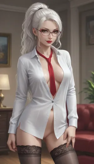 living room, very beautiful girl, gorgeous makeup, eyeliner, red lipstick, smirk, glasses, white hair, long hair, ponytail, unbuttoned shirt, lace stockings, red tie, standing with her legs apart