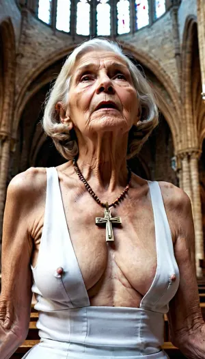 Very old grandmother, 90 years old, extremely thin, visible ribs, wrinkled and sagging skin, flat and loose breasts, empty and pendulous breasts, pierced nipples, full body, detailed face, church, cathedral, nun, fingers in pussy, cross necklace, shaved pussy, angry, screaming, looking up at the sky, angry look, ultra realistic, flat chest, small breasts, skirt lift