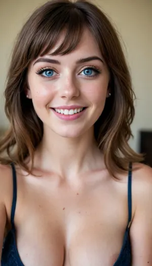 (attractive sexy 20-year-old woman, side swept bangs haircut, brown hair, short cut bangs, freckles, big blue eyes, thick eyebrows, black eyeliner, black eyeshadow, blush, slim body, undressed, nude, medium loose breasts, extremely piffy erevted nipples visible, laughing loud, long full hair covering arms and shoulders), kissing penis