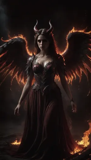 A hideous guardian angel, a female character, brunette hair, fiery infernal horns, infernal large wings, red streams of tears, flames all around, dark fantasy, full portrait 3/4, letitbrn, DonMG3157P4nz3rXL, <lora:dark:.5>, <lora:- SDXL - letitbrn_let_it_burn_V1.0:.7>, <lora:[XL]Demon_Legion:.7>, <lora:DonMG3157P4nz3rXL:.7>, <lora:SDXLHighDetail_v6-000005:1>