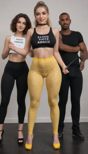 (((Group of 3 women))), picture of a 2girl +1 mature woman, view frontside, young Latin girls with mature hourglass body woman, small heigth, ((very short torso)), smile, puffy, woman, with blonde hair, french braid., ((Big ass show)), (cameltoe:1.6), (((wide hips))), súper waist, she wearing a, ((((transparent yellow lace yoga pants)))), crop top, crotchless panties, high heels, standing in mens club, colored high heels, stiletto heels, ((holding a cartel sign writen that says)), (((("para papi y amigos")))), ., (photography, masterpiece), view front, side remylacroix, 1boy, giant black African male, enormous thick veiny black penis, much cum, giant black testicles, blackedraw, realistic, hetero, navel, looking at man, erection, parted lips, fair-skinned, porcelain skin, 20 year old, Caucasian, stunning, supermodel, pale white skin, large breasts, ponytail hair, wide hips, big ass, hourglass figure, (thigh gap:1.2), skin texture, blue eyes, black thong exposed, black sports bra, black choker, skinny, underboob, shirt text, black top, black panties, stockings, (hig heels:1.2), BREAK
white background, blacked background, symbol background, queen of spades symbol, best quality, RAW photo, subject, 8k uhd, high quality, photorealistic, (full body view:1.2), <lora:remy lacroix sdxl:2>, <lora:hd_4k_ntc:2>, <lora:EnvyCuteXL06:2>, <lora:Platform_mules-000009:2>, <lora:Creat0r_MagicDetailzV2_FIX:2>