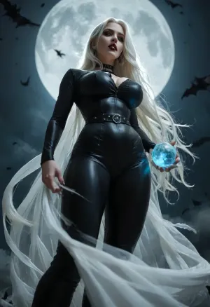 score_9_up, score_8_up, score_7_up, tall slender woman, lady death, hourglass figure, black lipstick, mouth slightly opened, teeth, (holding a glowing ball), eyesshadow, long eyelash, mini waist, massive hip, giant sagging breasts, extremely pale skin, (platinum long flowing hair:1.3), flowing see-through black_bodysuit, flowing belt, wind, flouting in the air, night, flying bat, (extreme full cyan moon:1.6), low angle shot, <lora:style_lora_realis:.8>