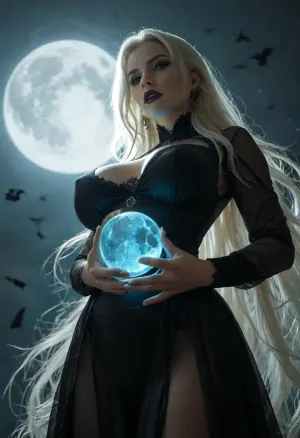 score_9_up, score_8_up, score_7_up, tall slender woman, lady death, hourglass figure, black lipstick, mouth slightly opened, teeth, (holding a glowing ball), eyesshadow, long eyelash, mini waist, massive hip, giant sagging breasts, extremely pale skin, (platinum long flowing hair:1.3), flowing_transparent_black_bodysuit, glowing waist belt, wind, flouting in the air, night, flying bat see through the moon, (extreme full cyan moon:1.6), low angle shot, <lora:style_lora_realis:.8>