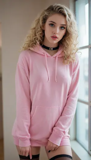 French female, second-year student, perfect figure, petite, (lanky:1.2), (big breast:1.2), curly blonde, big lips, Bright makeup, pink choker, white oversized hoodie, black stockings