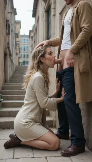 A full-length portrait of a young Russian woman in her 20s in a traditional costume with intricate lace details in bright, saturated colors. The painting is made in a highly detailed technique of watercolor and glaze, as well as colored alcohol ink, which resembles the style of Viktor Vasnetsov. A woman, kneeling, gets oral pleasure from a man in a beautiful frock coat., (Penis in mouth:1.5), (Cum on lips), (Penis in hand:1.5), . A full-length woman. A scene on the background of a staircase in an apartment building. She has long blonde hair that falls over her chest. The clothes are slightly open.