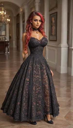 3/4 view, (pretty pettie athletic woman:1.6), (brunette with red highlights:1.6), (eye shadow:1.6), (olive skin:1.6), ((blue eyes)), (tight big breasts), cheeky expression, Submissive, Nymphomaniac, (black heels), (lace victorian dress:1.6), (lace collar with bell), Victorian Mansion Bedroom