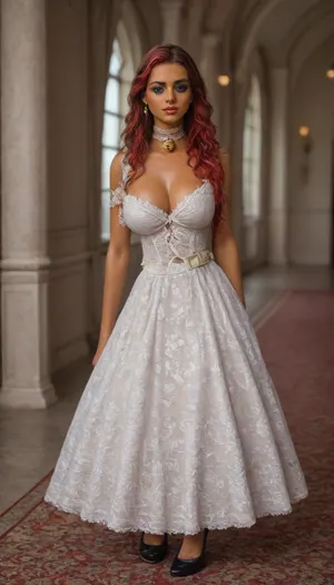 3/4 view, (pretty pettie athletic woman:1.6), (brunette with red highlights:1.6), (eye shadow:1.6), (olive skin:1.6), ((blue eyes)), (tight big breasts), cheeky expression, Submissive, Nymphomaniac, (black heels), (lace victorian dress:1.6), (lace collar with bell), Victorian Mansion Bedroom