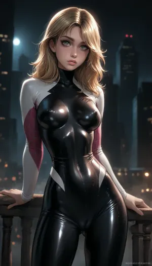 night, clear weather, (((18 years old))), (((young))), (shy:1.4), (spider girl Gwen Stacy), Braided side Side Cornrows Hair, (tight outfit), (athletic body:1.5), (hip gap:1.3), wide hips, (narrow waist:1.4), (blonde with pink strands), (view from front:1.6), climbs to the roof of a high-rise building, (makeup), New York day, ((pussy cameltoe:1.4)), (shining wet clothes), (makeup:1.2), (oiled skin:1.5), (wet shining tight bodysuit:2), hand, 1girl, (athletic ass:1.6), (medium natural breast:1.5), (high detailed face:1.5), dim lights, (hard nipples:1.3), (chiaroscuro lighting:.3), (reiq style), Melkor Mancin artstyle, cinematic lighting, <lora:MGLRbodysuit_sdxl:.6>, <lora:dark:.3>, <lora:cartoon_stickers_xl_v1:1>, <lora:ratatatat74-000050:1.6>