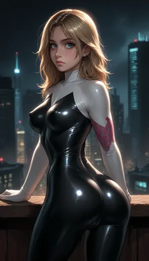 night, clear weather, (((18 years old))), (((young))), (embarrassed face:1.4), (spider girl Gwen Stacy), Braided side Side Cornrows Hair, (tight outfit), (athletic body:1.5), ((wide hip gap)), wide hips, (narrow waist:1.4), (blonde with pink strands), (view from front:1.6), climbs to the roof of a high-rise building, (makeup), New York day, ((pussy cameltoe:1.4)), (shining wet clothes), (makeup:1.2), (oiled skin:1.5), (wet shining tight bodysuit:2), hand, 1girl, (athletic ass:1.6), (medium natural breast:1.5), (high detailed face:1.5), dim lights, (hard nipples:1.3), (chiaroscuro lighting:.3), (reiq style), Melkor Mancin artstyle, cinematic lighting, <lora:MGLRbodysuit_sdxl:.6>, <lora:dark:.3>, <lora:cartoon_stickers_xl_v1:1>, <lora:ratatatat74-000050:1.6>