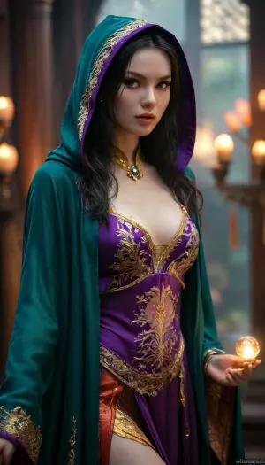 32k UHD, 8k UHD, masterpiece, ultra detailed, highly detailed face, piercing eyes, mysterious sorceress, (fantasy:1.3), full body, elegant robes, pale skin, flowing robes, intricate golden embroidery, deep purple and emerald clothing, hooded cloak, fiery orb, arcane energy, suggestive pose, regal presence, dramatic lighting, fantasy character, dark background, cinematic shading, concept art, trending on artstation, by artgerm and greg rutkowski, fantasy illustration, mystical atmosphere, powerful female mage, enchanting, high fantasy, ultra detailed clothing, magical aura, ornate jewelry, gemstone belt, soft firelight, ethereal glow, fantasy wallpaper, qipao1, cheongsam, asa, akira, ohwx, woman, pale, skin, <lora:qipao1_XL_reg1_-000004:1>, <lora:asaakirav3_SDXL:1.2>, <lora:Pale_Skin_SDXL_v1.0:.8>, <lora:MJ52:.8>, <lora:677862_training_data:.8>