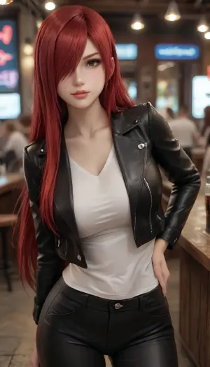 photorealistic, best quality, afterglow, 4k, ((masterpiece)), extremely detailed, 8k, trending on ArtStation, Intricate, High Detail, Sharp focus, curvy, 1girl, (beautiful face, perfect eyes:1.2), (milf:1.2), (busty and curvy1.1), (thick:1.2), (thick thighs), (pub background, neon lights), rating, safe, (huge breasts:1.2), (wide_hips), collarbone, (black leather jacket, white t-shirt, black leather pants), solo_focus, sensual, seductive smile, parted_lips, (long red hair, hair over one eye, brown eyes), lips, looking at viewer, standing, ((contrapposto)), 4ng3l, face, Erza, animerza, <lora:SDXL_BetterFaces-LoRA_v1:.5>, <lora:add-detail-xl:.5>, <lora:detailed_notrigger:.5>, <lora:Erza12:.5>