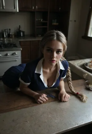 Cottage kitchen, ((two 18 year old college girls)), long blonde braided hair, insanely beautiful, perfect faces, innocent-looking, (((bending flat forward over kitchen table:1.5))), ((faces resting on kitchen table)), massive firm tits, petite, very skinny, skinny yet busty body, ((tight school uniforms)), pleated miniskirts, white shirt, white panties underneath miniskirt, deep fake tanned skin, ((very close ass view from above)), bird's eye view, part ass view, part cleavage view, over shoulder view, large, breasts, big, boobs, huge, tits, bmbplora, LookAtMyAss, do, you, like, my, bum, <lora:bombshell_v2:.8>, <lora:bimboxl_02:.8>, <lora:dark:.8>, <lora:LookAtMyAss:.8>, <lora:doyoulikemybum:.8>