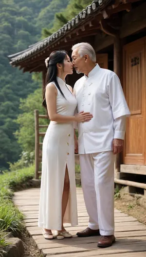 (1 Chinese girl), (1 elderly Chinese man), full body, girl with long black hair, slim figure, large breasts, wearing a white Chinese-style cheongsam with buttons and a bun, holding hands with a man, smiling, elderly Chinese man with white hair, walking on a mountain path, there is a wooden hut not far away, kissing, touching buttocks, Chinese rural wooden house, sunny day, stream flowing, 3/4 view, (kissing)